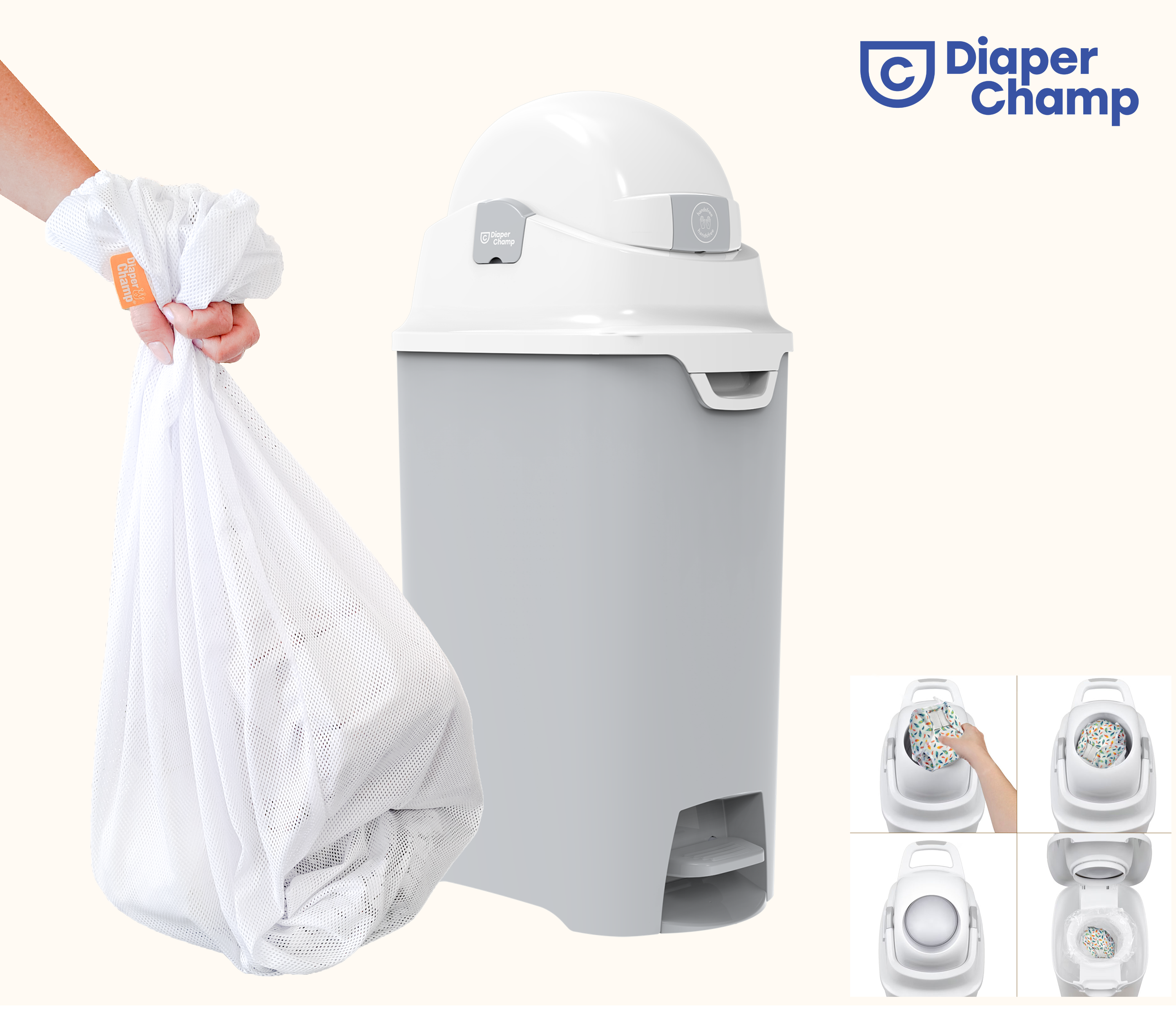 Fits trash and laundry bags;  for both disposable and cloth diapers.