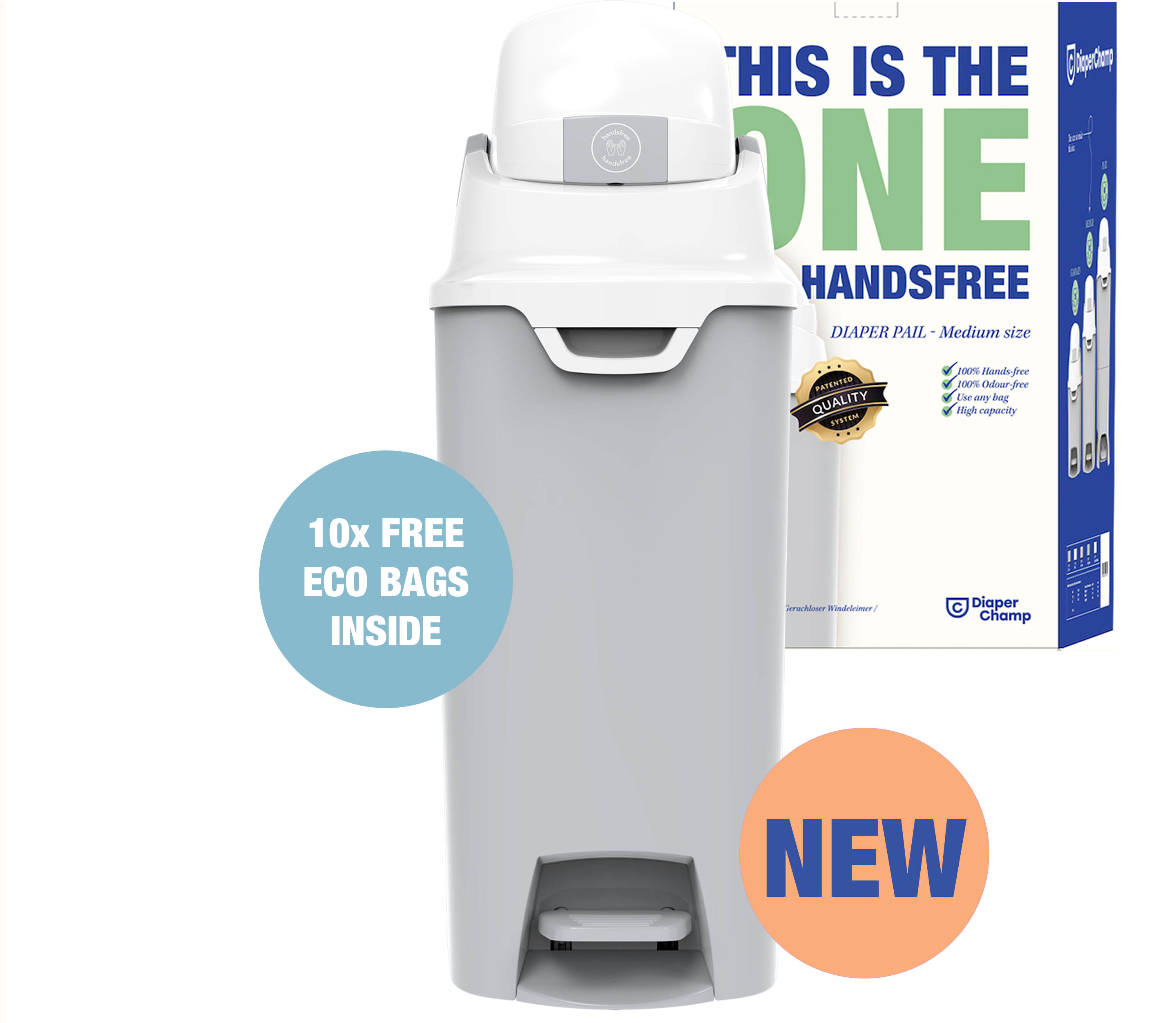 DiaperChamp ONE Handsfree Medium - Silver (incl. 10 ECO BAGS for free)